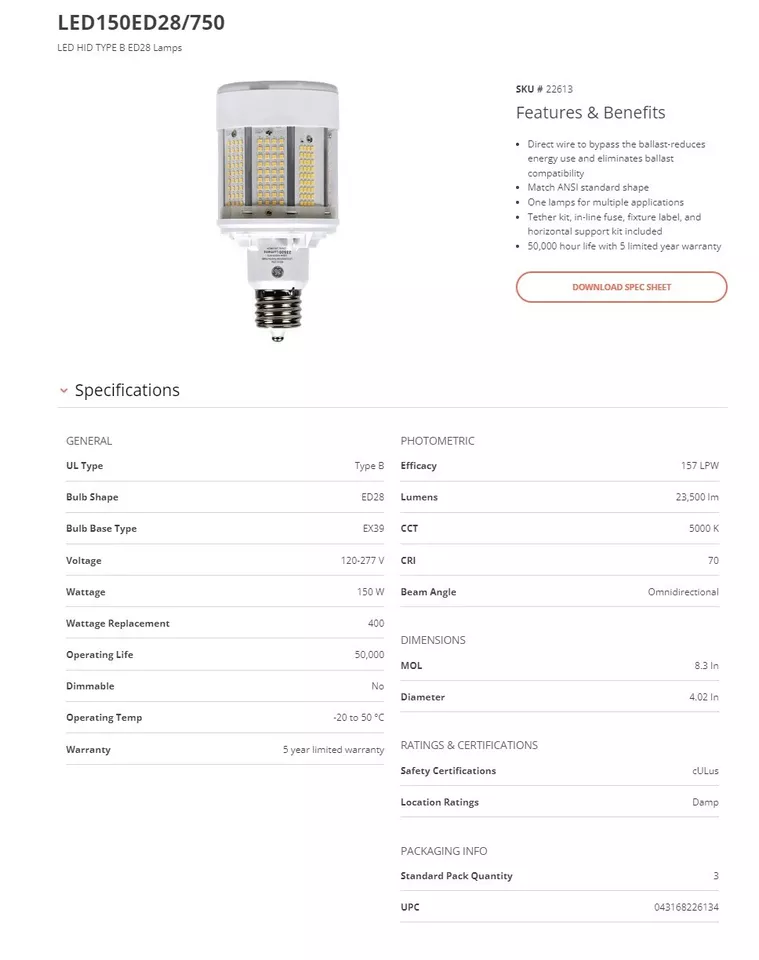 Current powered by GE LED150ED28/750 LED HID Lamp - Image 3 of 3