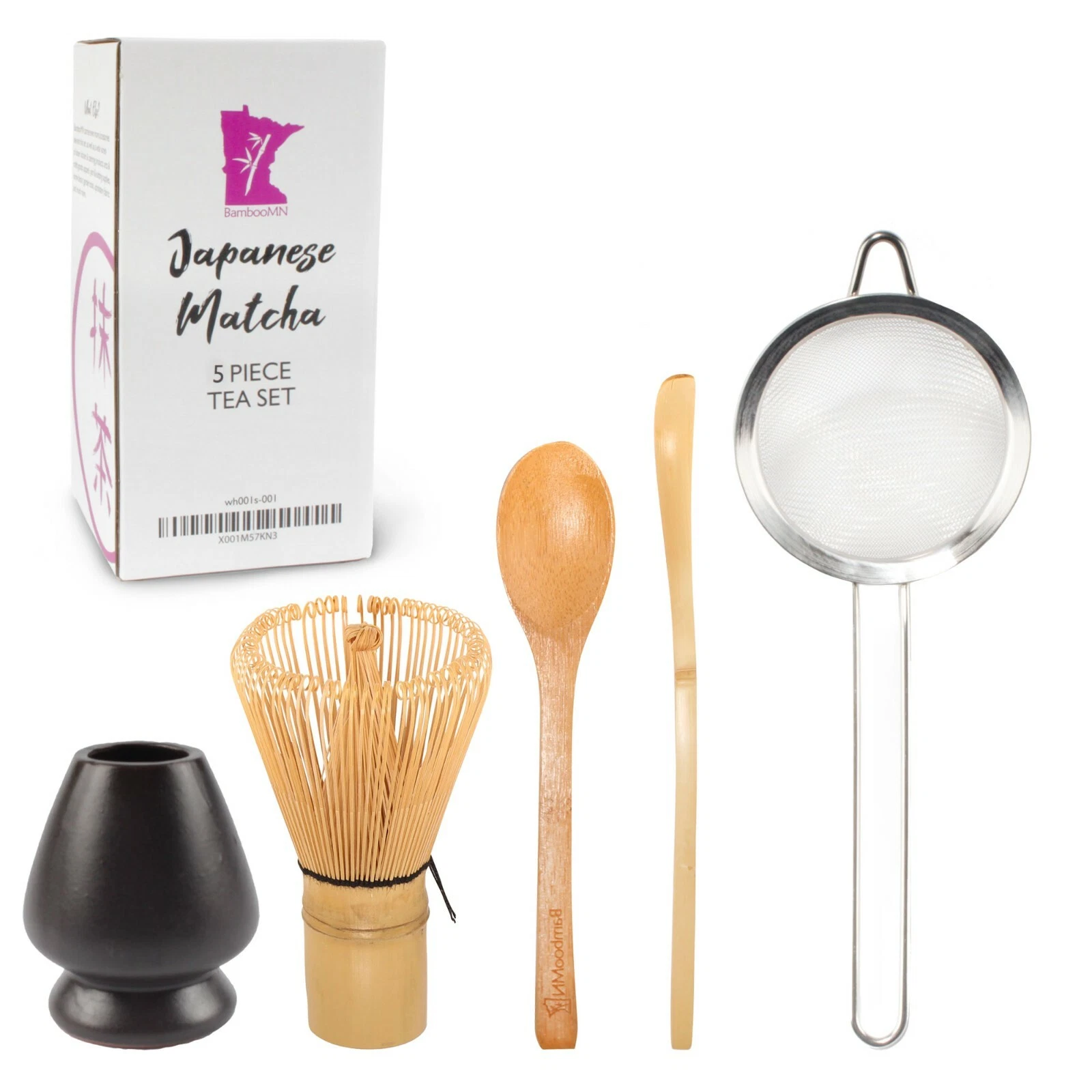 BambooMN Matcha Tea Whisk Set - Five-Piece Set - Black