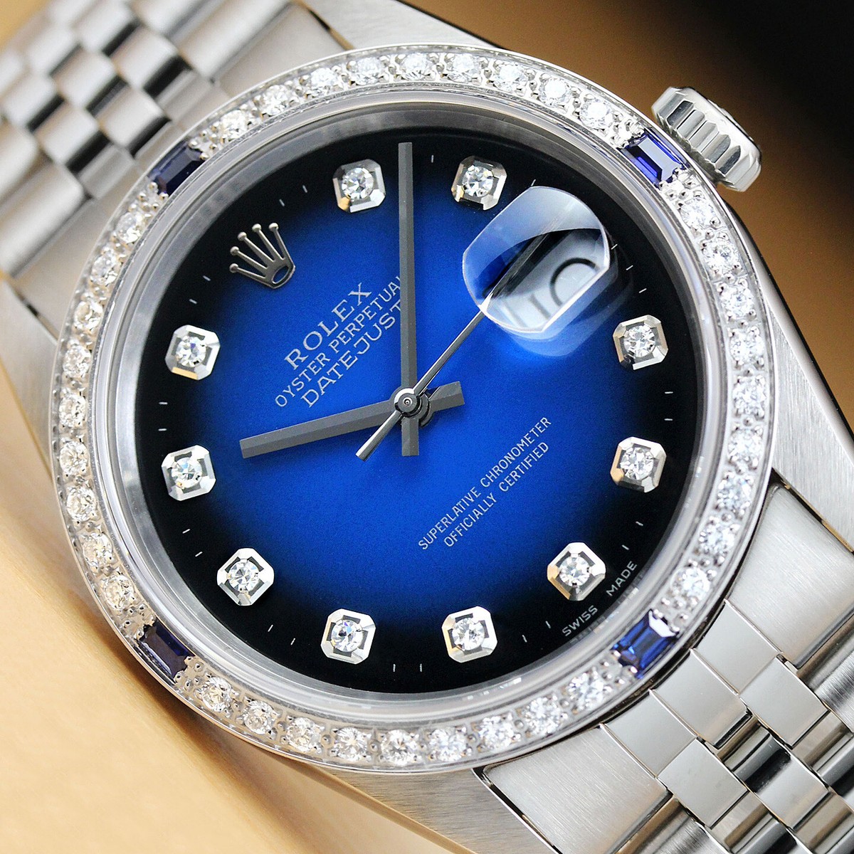 MENS ROLEX DATEJUST 16234 BLUE VIGNETTE 18K WHITE GOLD DIAMOND