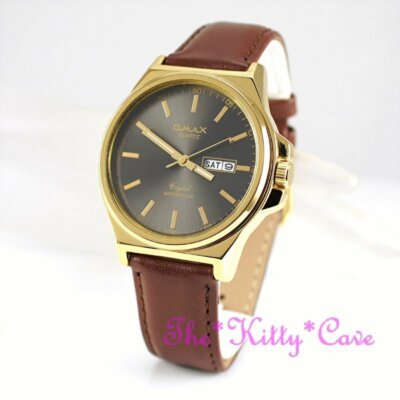 OMAX Classic Seiko Movt, Brown Leather, Day & Date, Gold/Grey Dress Watch DLZ087