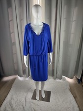 Nine West Royal Blue Jersey Dress Crew Neck Gold Grommets Elastic Waist Size 10