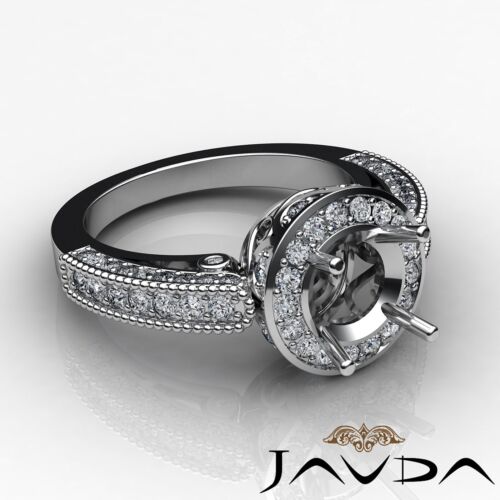 Milgrain Halo Pave Round Semi Mount Diamond Engagement Ring 18k White Gold 1Ctw - Picture 3 of 6