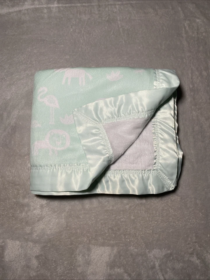 Mint Green Baby Blanket Rhino Lion Monkey Flamingo Satin Trim Reversible White - Image 2 of 4