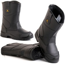MENS LEATHER RIGGER SAFETY STEEL TOE CAP BOOTS FUR LINED BLACK WELLIES SIZE 4-15