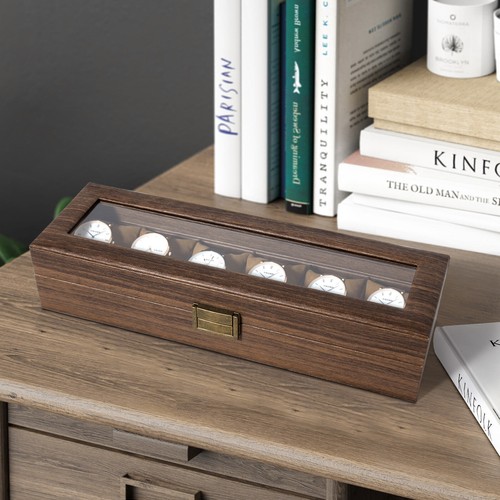 6 Fächer Uhrenbox Holz Uhrenaufbewahrung Schmuck Orgnizer Vitrine Klar Top - Bild 22 von 23