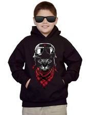 Youth Pilot Cat Kids Black Hoodie Kitten Meow Aviation Funny Humor Costume Plane