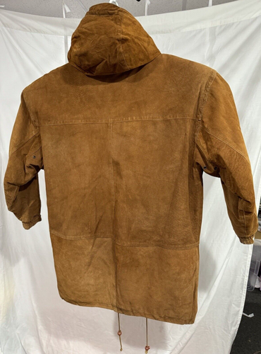 Large Heavyweight Hooded Lined Vintage Brown Suede Leather Jacket Women - Picture 7 of 15