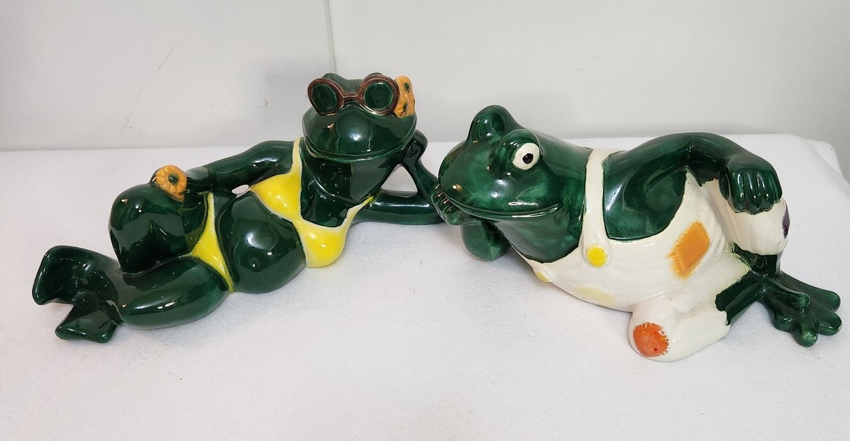 Vintage Sexy Sunbathing Frogs Hand Painted Ceramic Mr+Mrs