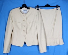 VTG CARLISLE Tan WOOL BLEND Button-Up RUFFLE HEM Jacket/Pencil Skirt SUIT SET 10
