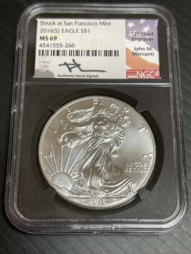 2016 (S) SILVER EAGLE NGC MS69 MERCANTI SIGNED SAN FRANCISCO Black Core Holder