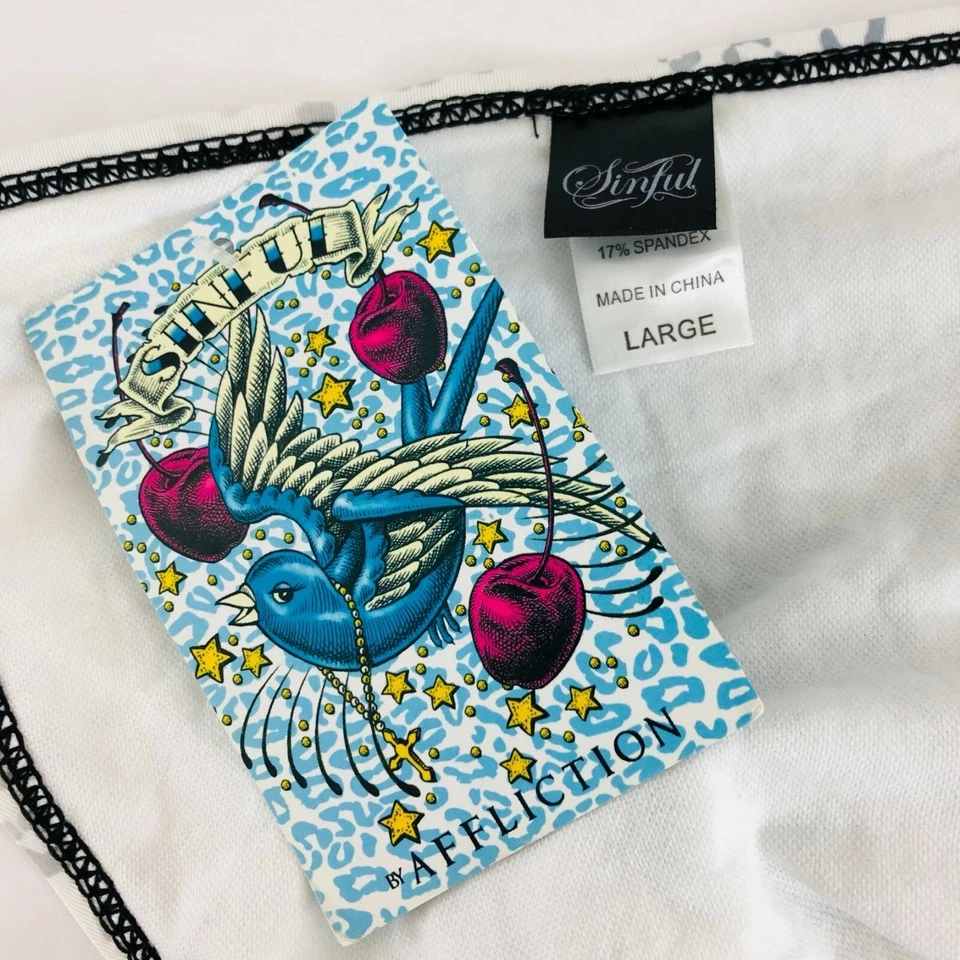 Sinful by Affliction Bikini Bottom Chain Roses Leopard Pistol Rhinestone White L - Image 3 of 4