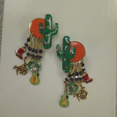 Moulin Rouge Earrings Cactus Western Enamel Dangle Signed Clip On