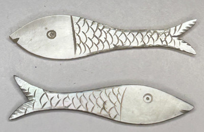 Antique Mother of Pearl Chinese Fish Gaming Chip Coy with Bird Carvings Lot of 2