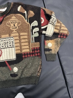 Vintage Golf Knit Sweater Mens XL Crossings All Over Print Trophy, Flag, Clubs