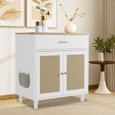 Cat Litter Box Enclosure Cabinet w Rattan Doors Tall Storage Cat Furniture White