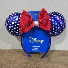 Disney Minnie Mouse Ears Americana Headband Red White Blue Stars Sequin Bow NEW