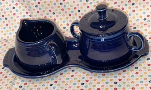 Fiestaware Homer Laughlin Cobalt Blue Creamer Sugar Bowl Lid Tray  4Pc Set