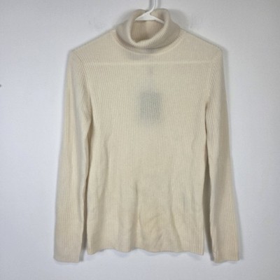 STATE CASHMERE Cream Ribbed Classic Quiet Luxury Turtleneck Sweater Cashmere M