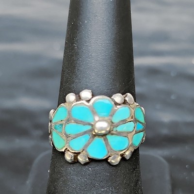 アクセサリー indian jewelry zuni Ring Vintage Zuni Turquoise Ring Silver Native Flower Inlay Cluster RL