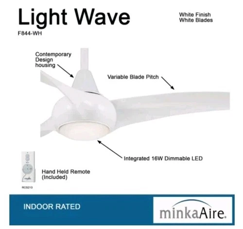 Minka Aire Light Wave 52"  Indoor LED Ceiling Fan Remote White F844-WH - Picture 2 of 4