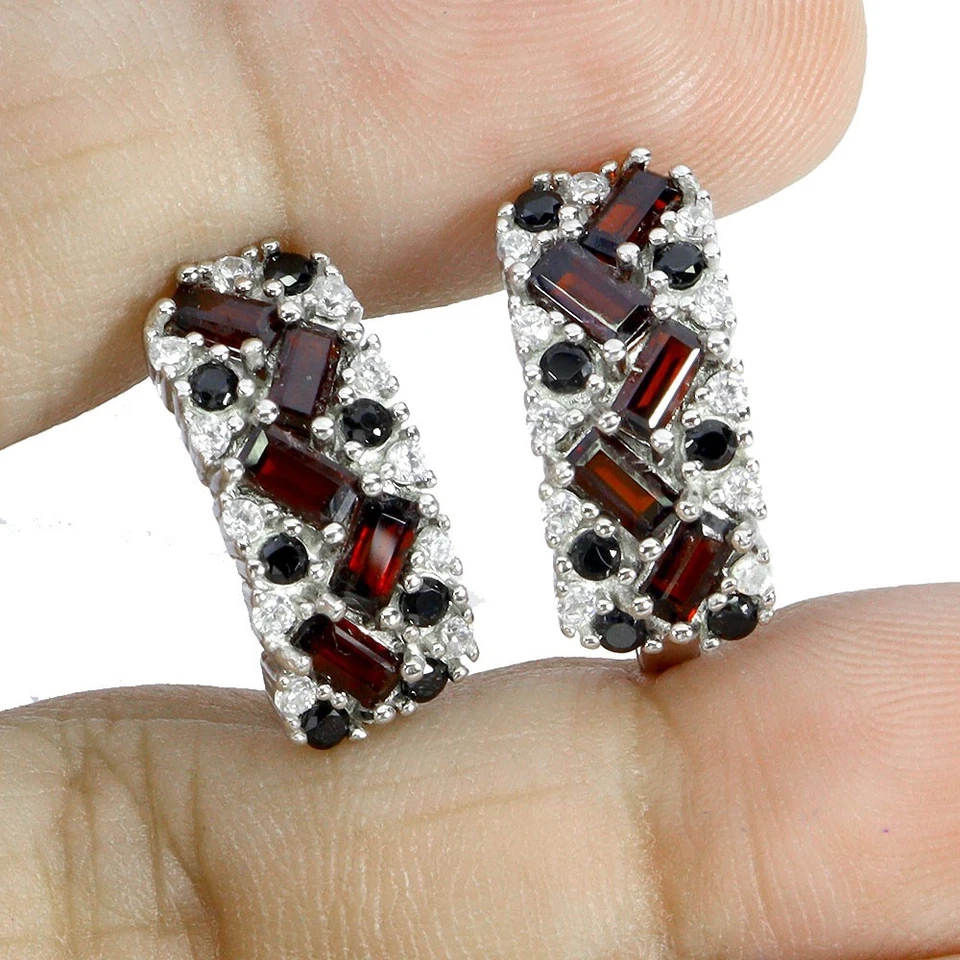 925 Orecchini Argento Sterling Baguette Mozambico Granato Spinello Gemma Jewelry - Immagine 2 di 4