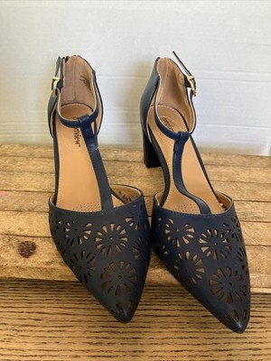 Comfortview Women's 9.5 W Wide Width Block Heel T-strap Buckle Zip Navy Blue EUC