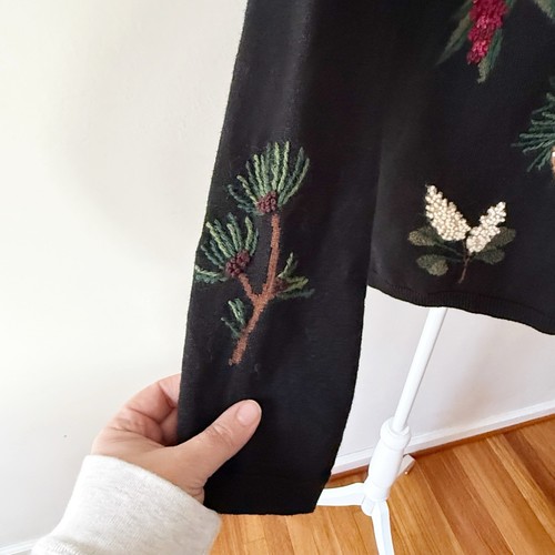 Vintage 90s Embroidered Winter Floral Cotton Wool Blend Sweater Womens XL Black - Picture 4 of 9