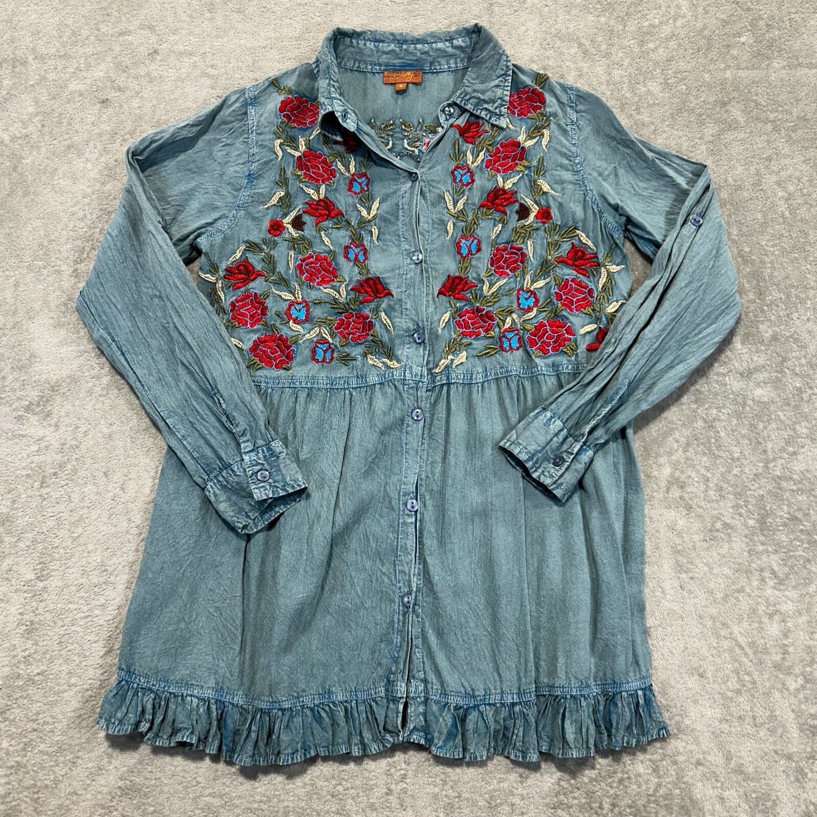 Scully Womens Blue Embroidered Floral Button Up Blouse Peplum Top Small Rodeo