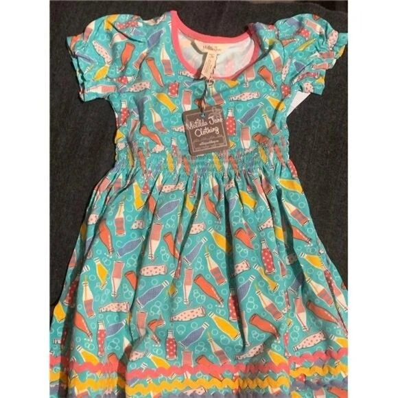 Matilda Jane Clothing Soda Pop Dress Girls Size 4 Aqua Soda Bottles Ruffle Hem