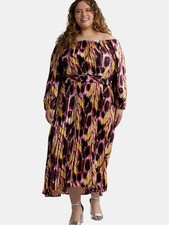 Terra & Sky Black Label Women's Plus Size Pleated Off the Shoulder Midi Dress 
