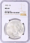 1923 PEACE DOLLAR NGC MS 64 GOOD LUSTER GREAT PRICE VALUE $100