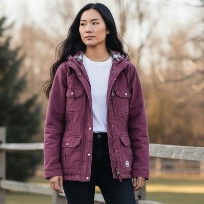 Berne Workwear Womens Plum Washed Barn Hooded Coat Jacket Sz L Flannel-Lined NWT