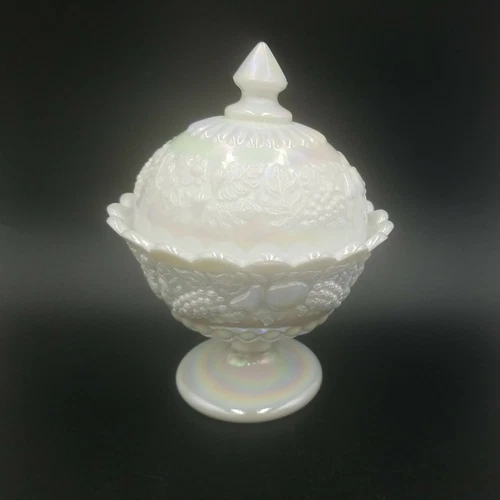 Vintage Westmoreland Iridescent Milk Glass Grape & Fruit Pedestal Compote Dish