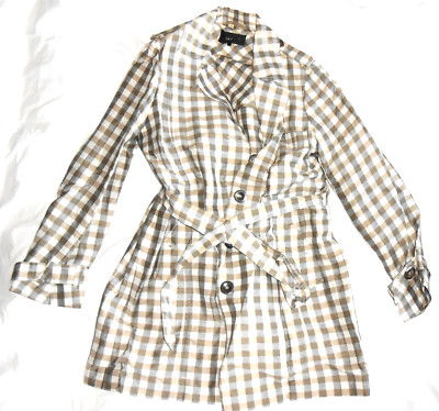 Jaeger Gingham Trench Coat beige brown checked linen blend mac Size 14 vgc