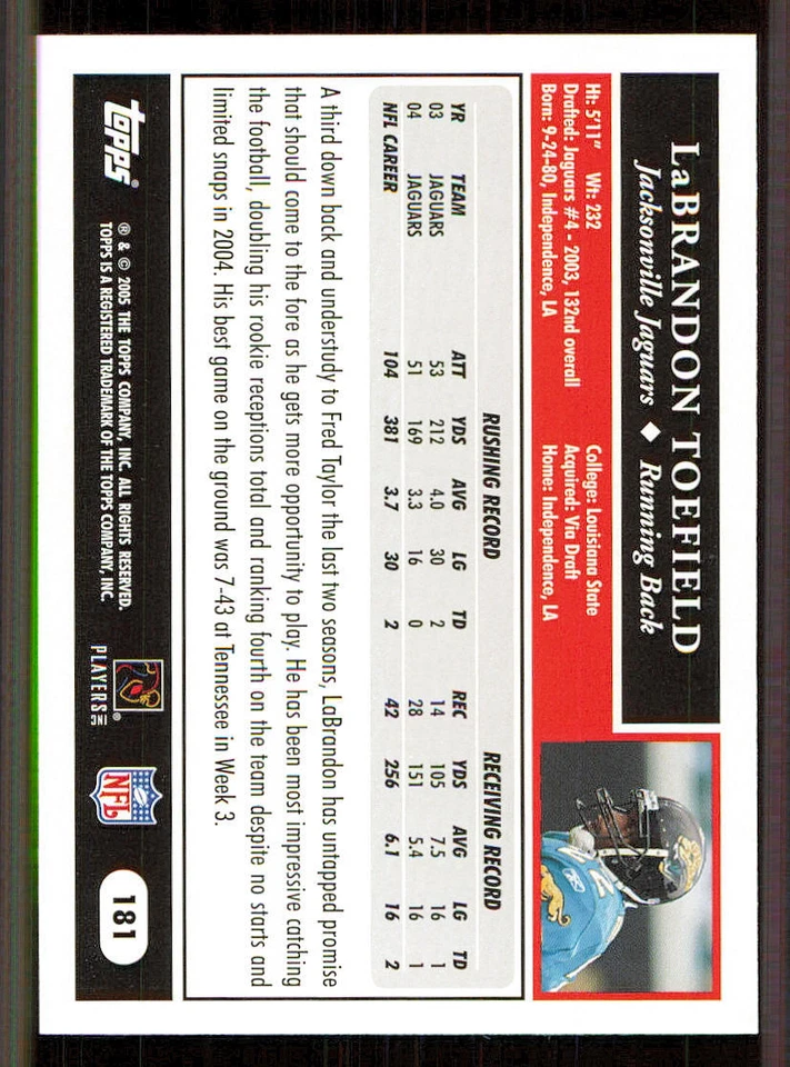 2005 Topps First Edition #181 LaBrandon Toefield - Image 2 of 2