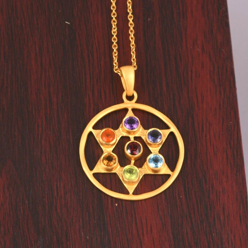 Seven Stone Chakra Pendant 18k Gold Plated Silver Healing Spiritual Pendant - Product main view