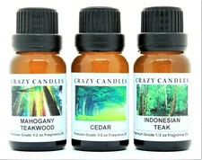 3 Oil Set Cedar, Indonesian Teak, Mahogany Teakwood 1/2oz Premium Crazy Candles