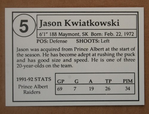 AUTOGRAPHED - Jason Kwiatkowski #5 Tacoma Rockets 1993 WHL - Picture 2 of 2