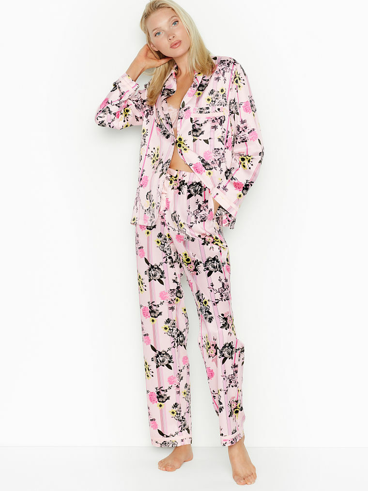 NEW Victoria's Secret Satin PJs Pajamas Pink Floral Stripe Print VS Medium  | eBay