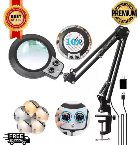 Magnifying Glass Desk Lamp with 10X Swing Arm and Big Clamp Lighted Magnifier