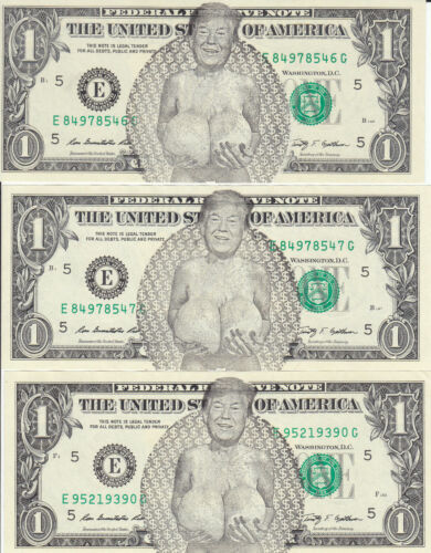 1 von 3 Dollarnoten, mit einer Karikatur von Donald Trump, wie abgebildet