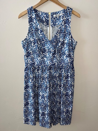Milly for Design Nation Dress Womens 10 Blue White Print Fit Flare Banvin V Neck - Picture 2 of 7