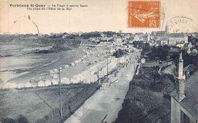 Old postcard PORTRIEUX St-QUAY - La Plage at low tide, View taken from the Hotel de la Mer (1