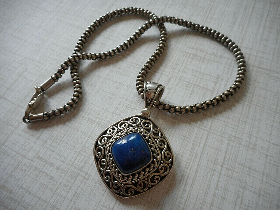 Oxidized Sterling Silver Heavy Popcorn Chain Lapis Lazuli Pendant Necklace RE31C - Image 3 of 4