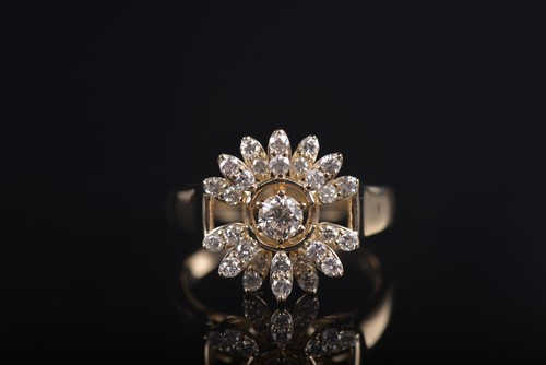 Solid 14K Yellow Gold Natural Diamond Flower Shape Jewelry Ring - Picture 2 of 6