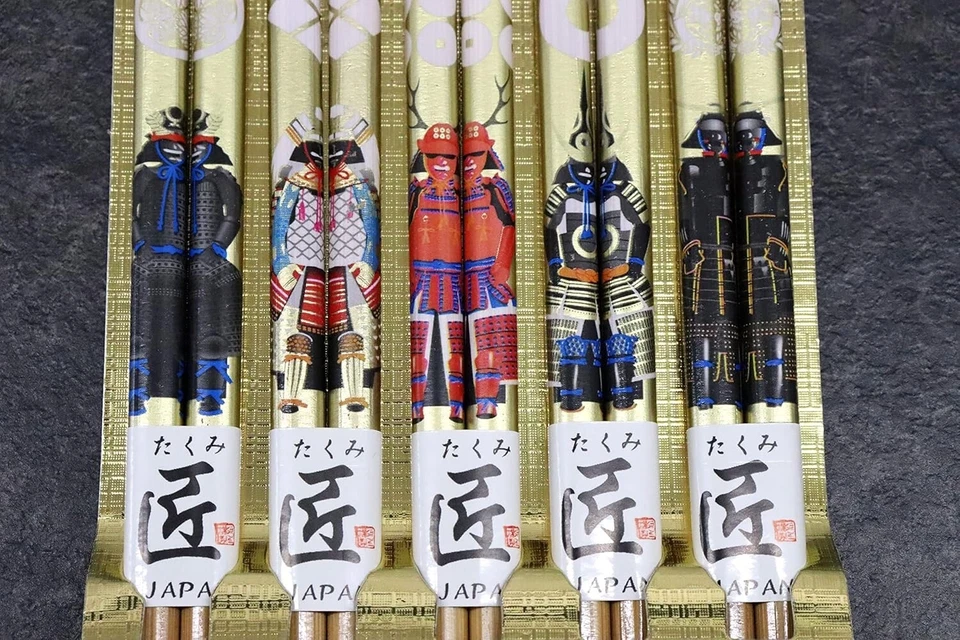 Juego de 5 pares de palillos SAMURAI color dorado hecho a mano Japón recuerdo de 9 pulgadas Foto 3 de 4