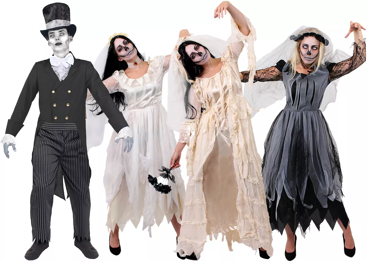 COUPLES HALLOWEEN COSTUME MENS WOMENS CORPSE BRIDE GROOM DEAD GHOST FANCY  DRESS