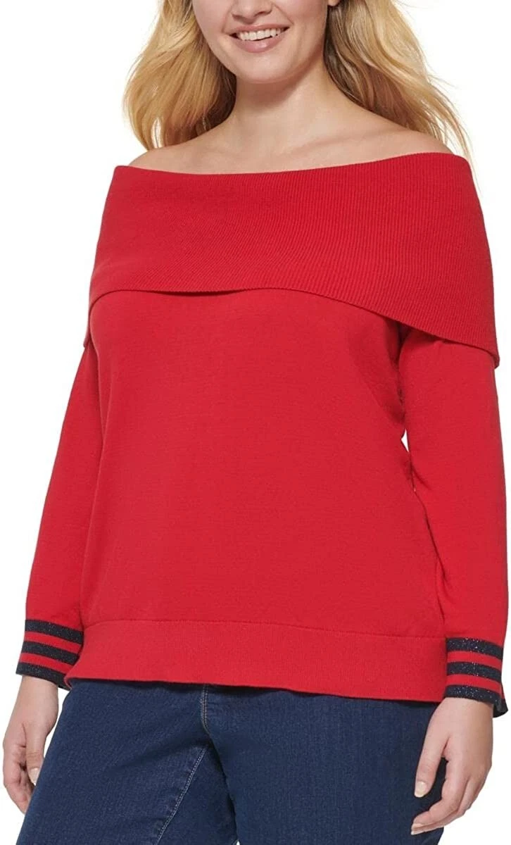TOMMY HILFIGER Women s Red Off The Shoulder Stripe Sleeve Sweater Plus Size 1X