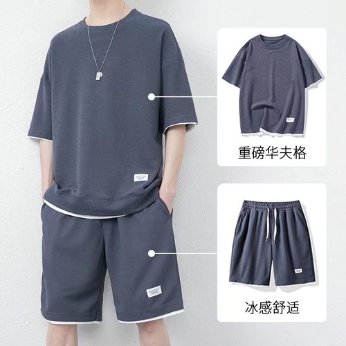 Waffle Set Men's Summer Ice Silk Short Sleeve T-shirt Sports Shorts Handsome - Bild 13 von 20