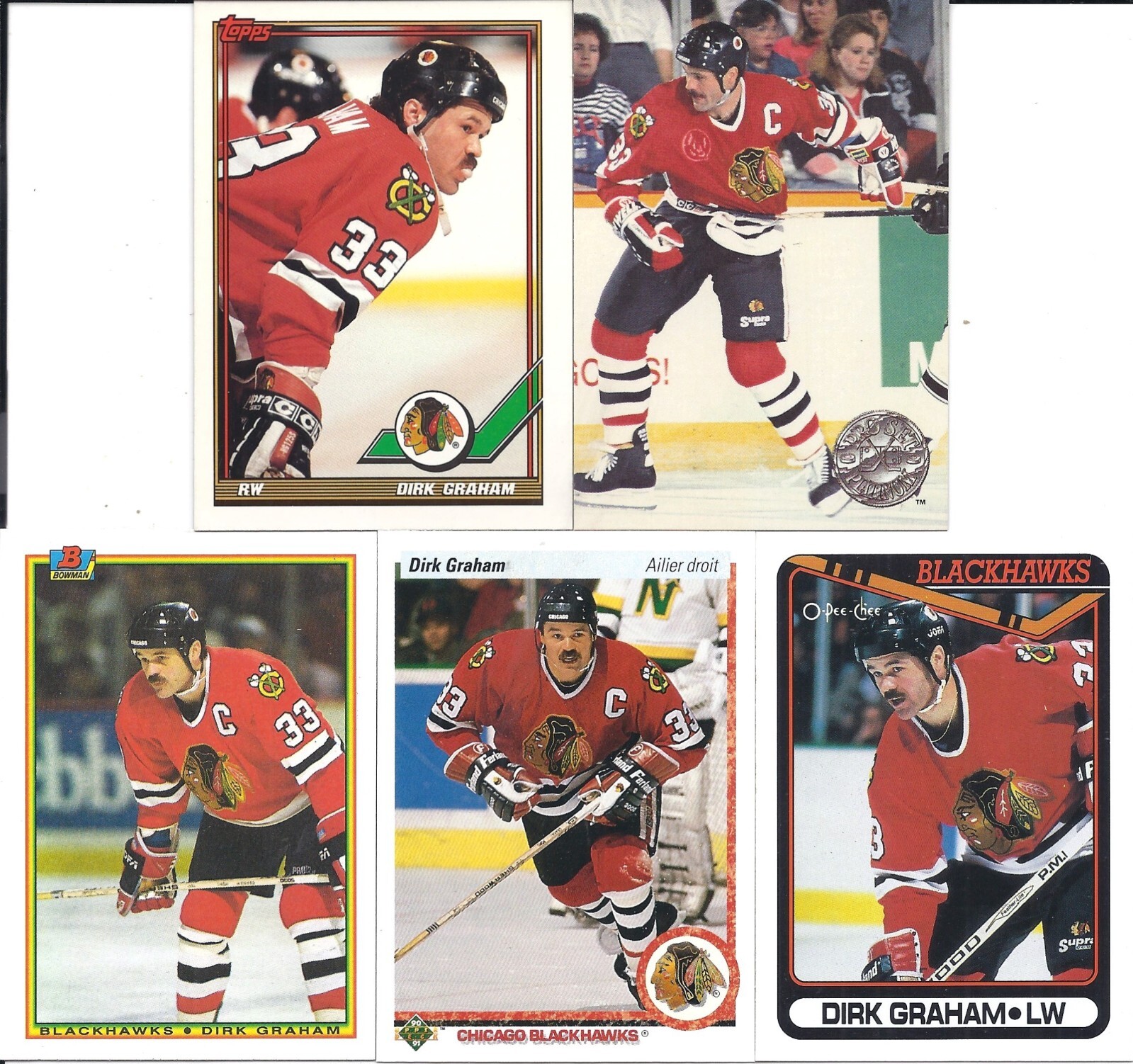 Dirk Graham 1990-91 Upper Deck, OPC & Bowman 1991-92 OPC & Pro Set Platinum (5)